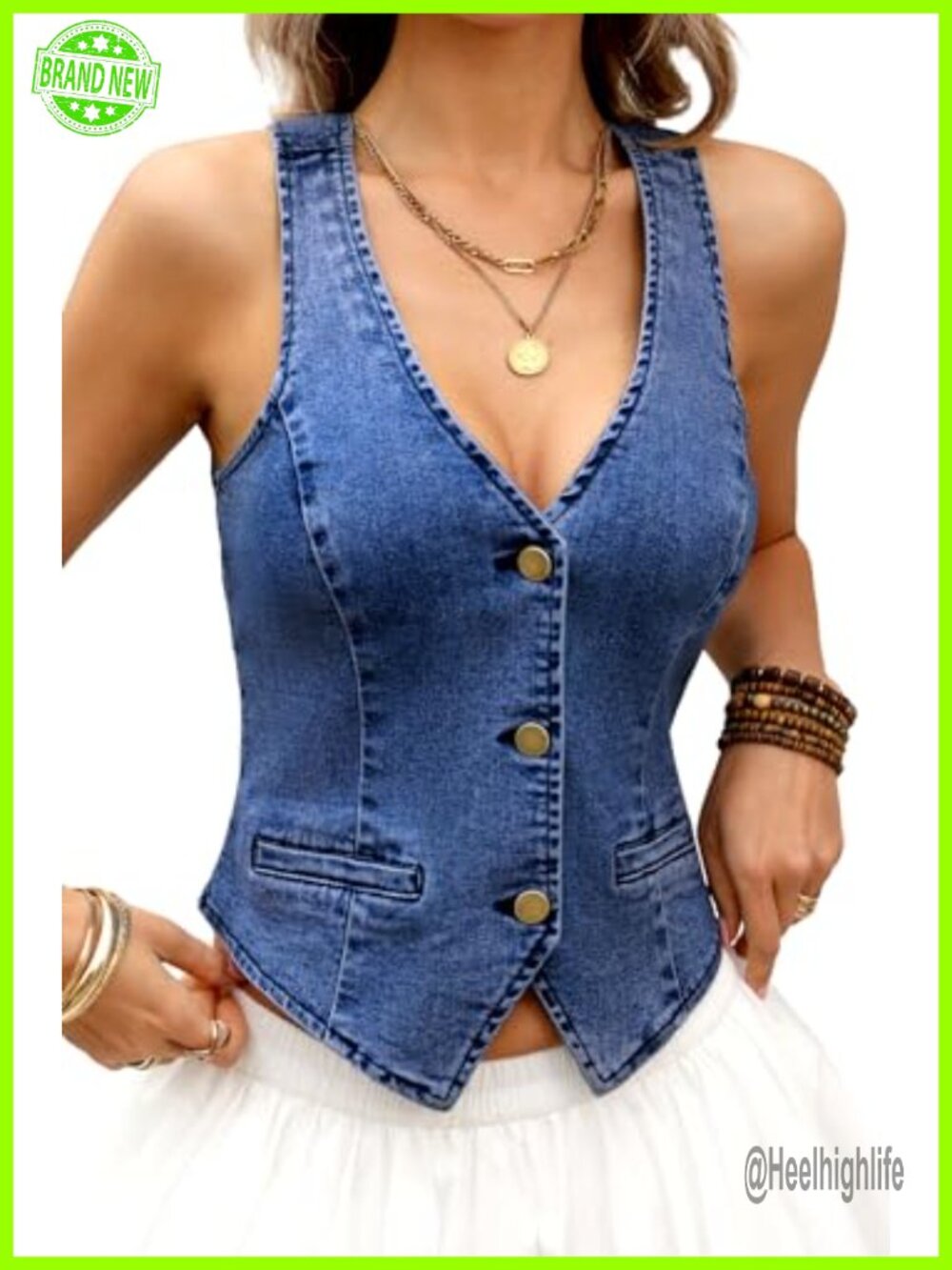 Womens Cropped Denim Vest Stretch Summer Button Down V-Neck Sleeveless Jean Top